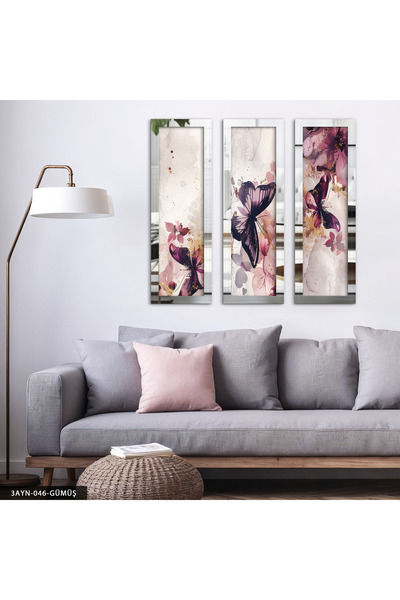 Evinemoda Pembe Kelebekler Gümüş Pleksi Aynalı 3 Parça Tablo