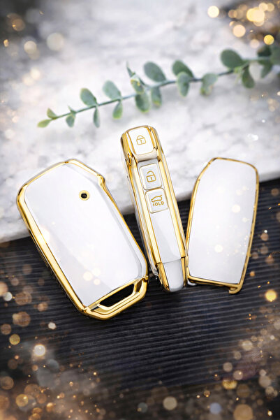 YıldızTuning غطاء مفتاح ذكي لسيارة كيا نيرو، ملحق باللون الأبيض والذهبي