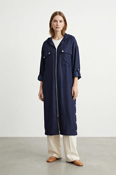 Puane Women's Hooded Zippered Pocket Detailed Long Cap – 15252Kap - Navy