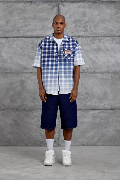 NOMARC Μπλε ριγέ πουκάμισο με ψηφιακή εκτύπωση oversized