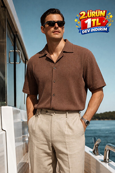 DAMGA JEANS Men's Casual Oversized Brown Linen Stylish Shirt