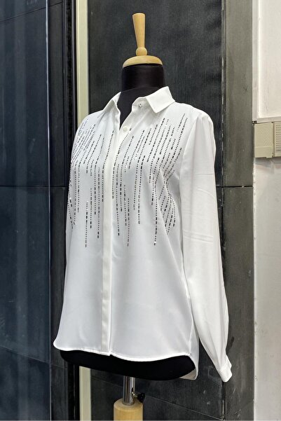 PERA MODA Stylish Shirt with Stones on the Front and Long Back, Basic, Non-Se...