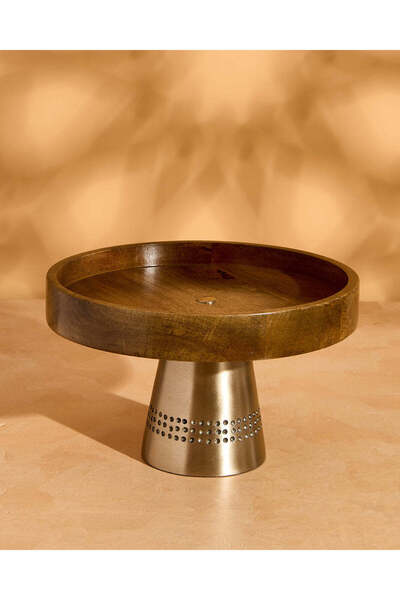 REDTAG Brown Wooden Round Cake Stand with Gold Metal Base