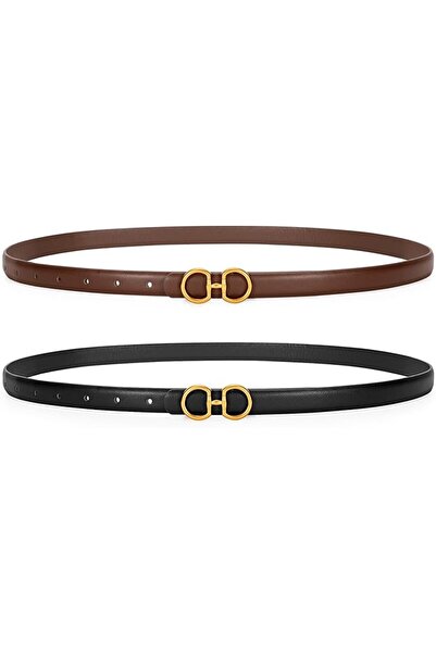 Arabest Women Skinny Leather Belts Ladies 2 Pack Thin Waist Belts with Gold B...