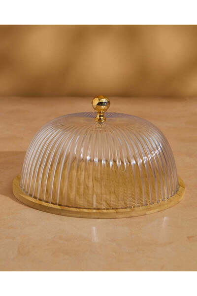 REDTAG صينية تقديم دائرية من بامبو بغطاء شفاف ومقبض ذهبي