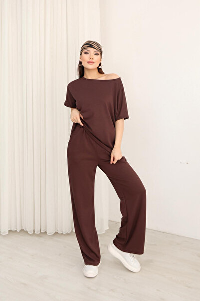 moda poni Women's Brown Off Shoulder Oversized Blouse Wide-Leg Pants Two Piec...