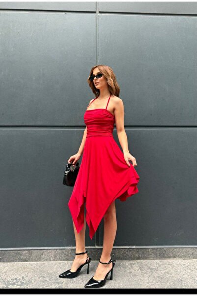 mirabella Women's Halter Neck Draped Asymmetrical Midi Dress Sandy Fabric Sum...