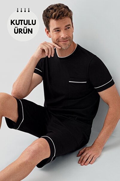 Arnetta 100% Cotton Pieces Piped Detail Short Sleeve Men's Bermuda Shorts Paj...