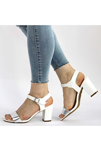 mm Women's white Sandals with thick heels and silver strap M-31-WHITE