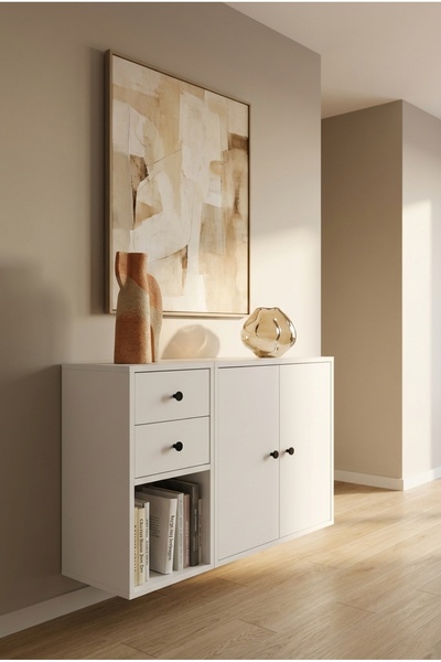 FOR WOMAN DESİGN Ahşap 2 Çekmeceli 2 Kapaklı Modern Beyaz Dolap Pratik ve Şık...