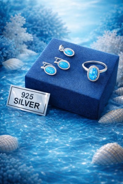 cappadociasilver 925 Ayar Gümüş Açık Mavi Opal Taşlı Oval Set – Küpe Kolye Yü...