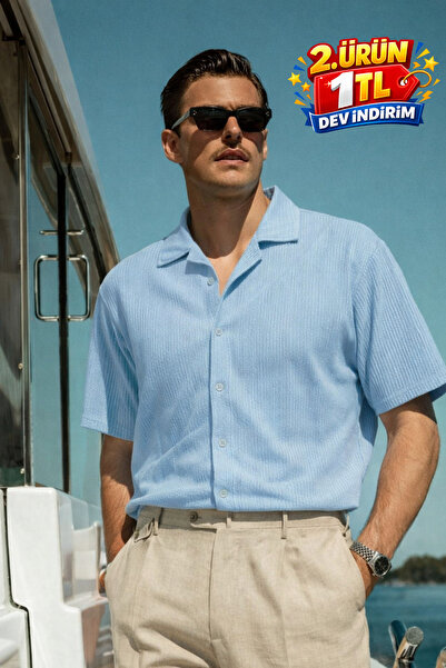 DAMGA JEANS Men's Casual Oversized Blue Linen Stylish Shirt