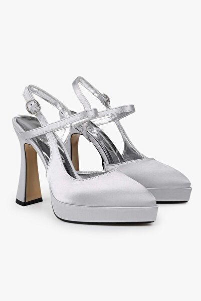 Shoeberry Women's Livia Silver Satin Platform Heeled Shoes