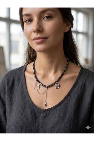 elemeğiürünler Natural Hematite Stone Pendant Sun Pendant Necklace with Chain