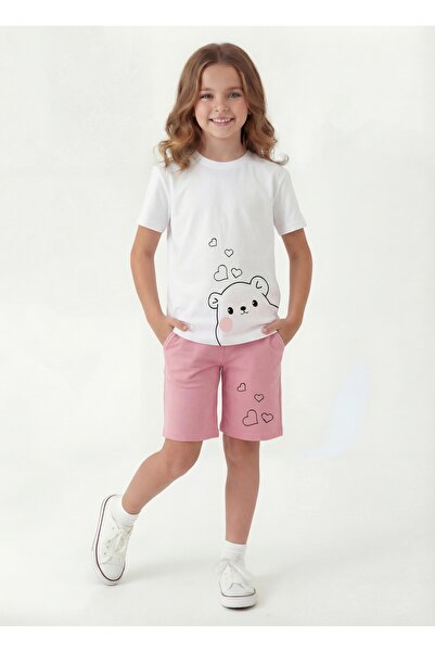 FYK KİDS Σετ μπλούζας και παντελονιού καπρί για κορίτσια με στρογγυλή λαιμόκο...