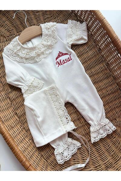 Mini Ropa Nakışlı Kız Bebek Tulum Ve Şapka Dantelli İsimli Tulum