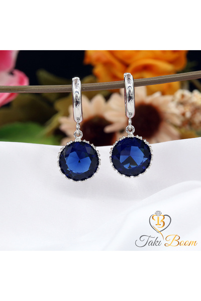 Takı Boom Safir Taşlı Küpe, Lacivert Taşlı Kadın Küpe, Büyük 12 mm Taşlı Gümü...