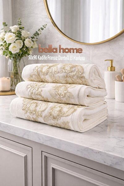 Bella Home Kadife Fransız Dantelli El Havlusu Seti| 50x90 cm | 3 Adet | Lüks ...