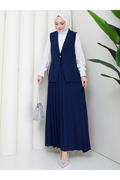 EFSUN MODA Stone-Embellished Silvery Ye Vest Set Suit with Skirt and Tasettur...