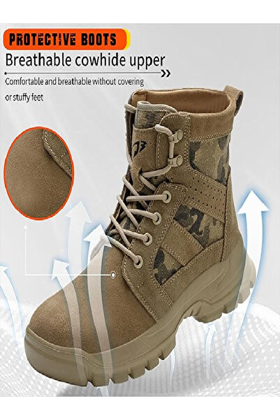 Verci Khaki Steel Toe Safety Shoes for Men, Breathable Anti-Puncture Work Sne...