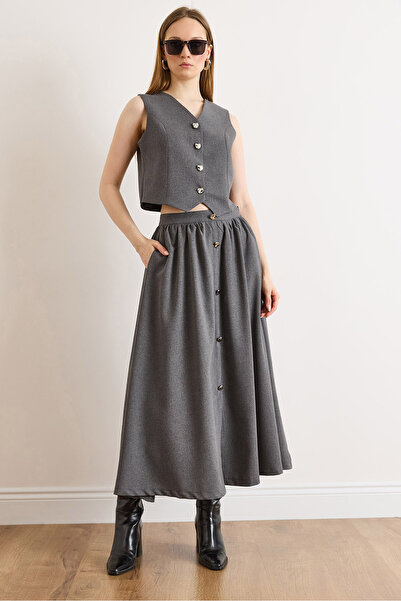 Olalook Women's Smoked Top Lined Vest Buttoned Bottom Flared Skirt Set Tkm-19...