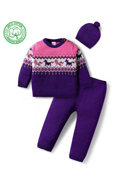 Babyhug Cotton Knitted Full Sleeves Pullover Sweater Set Horse Design & Cap -...