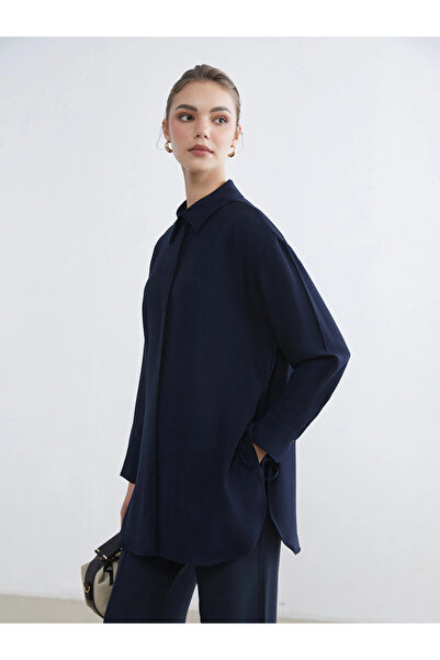 LC Waikiki Lcw Modest Navy Blue Women's Shirt Tunic with Tie Detail