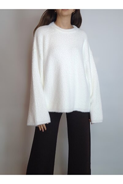 oyagüler Women's White Zero Collar Soft-Textured Bearded Knitwear Sweater Yy1...