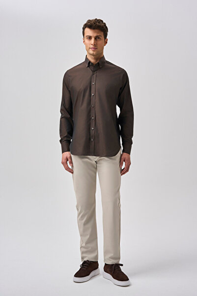 Bisse Studio Men's Regular Fit Long Sleeve Coffee Pocketless Shirt