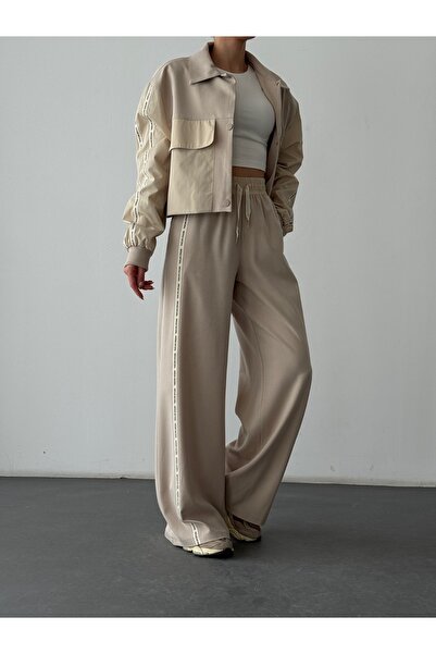 Quzu Şerit Yazı Detaylı Boxer Bel Pantolon Bej