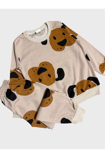 ALİŞ KİDS Boy's Cotton Piece Beige Cute Dog Patterned Long Sleeve Eye Patched Transitional Pajama Set