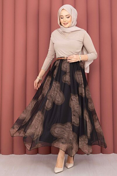 SVS Asimetrik Kesim Desenli Tül Etek Siyah