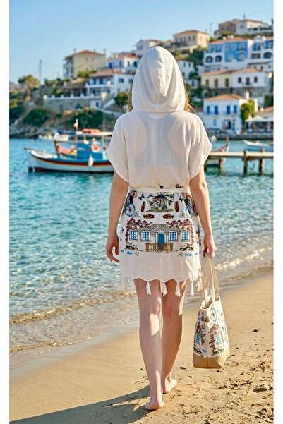 tarzQeen peştemal Kadın Alaçatı Desenli Kuşaklı Bohem Kapüşonlu Yazlık Plaj T...