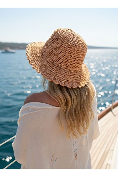 Trend Şapka 14596-1 Ručno pletena narandžasta slamnata kapa