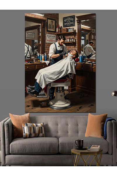 karizmart Berber Dükkanında Tıraş Olan Adam Dekoratif Kanvas - Mdf Ahşap Tablo