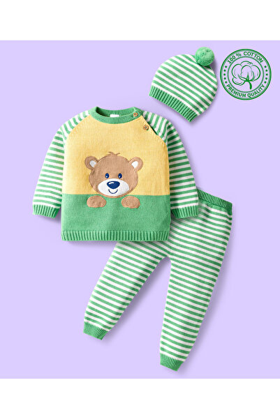 Babyhug طقم كنزة وبنطال من قطن المحبوك بأكمام راجلان كاملة، بتصميم مخطط ودب و...