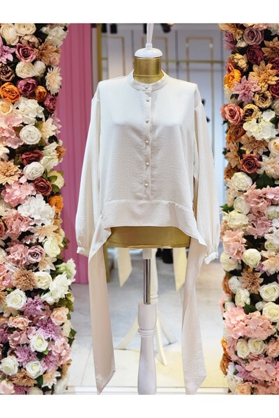 Kayra kadın krem kuşaklı düğmeli bluz