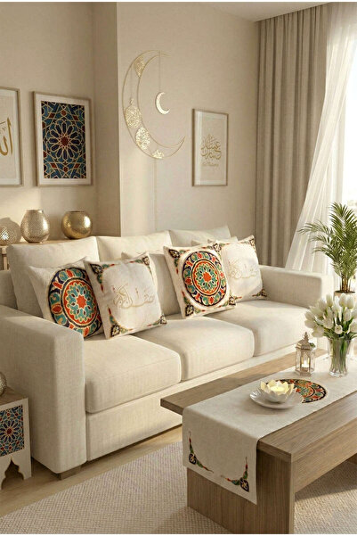 Cango Home Mavi Kırmızı Motifli Ramazan Temalı 4'lü Kırlent Kılıfı 1 Runner S...