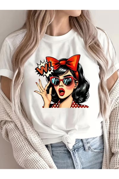 JENOLAN Tricou de damă Vintage Pop Art cu imprimeu supradimensionat Lejer