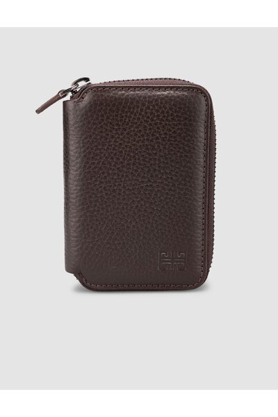 Cabani Brown Textured Genuine Leather Zippered Card Holder Wallet