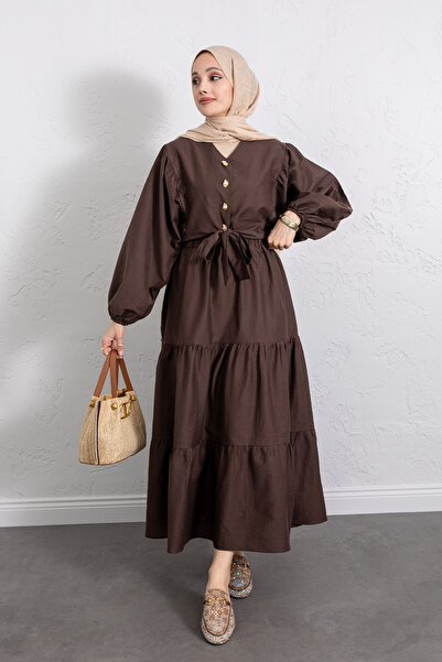 Salih Çelebi Tie-Detail Blouse Skirt Set Y0100 - Brown