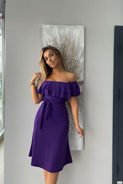 Modafeminen Rochie elegantă mov, fără umeri, cu curea, pentru ocazii speciale...