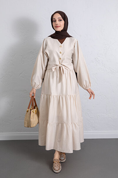 Salih Çelebi Tie-Detail Blouse Skirt Set Y0100 - Beige