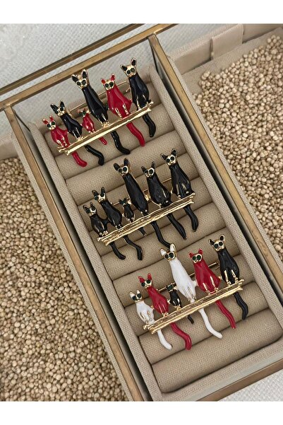 BYYEŞO Sıralı Beşli Kedi Figürlü Broş Siyah