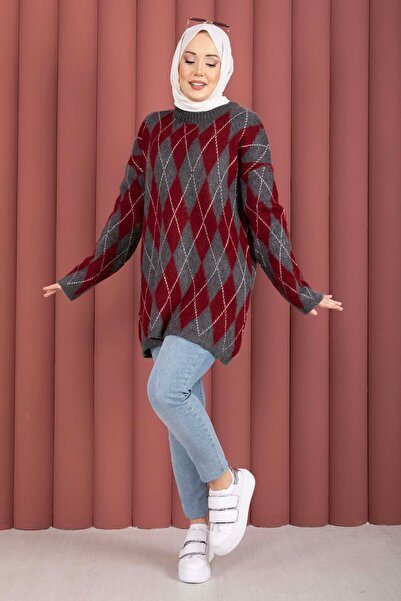 EBRUTESETTÜR Softie Diamond Patterned Knitwear Sweater Claret Red-Grey