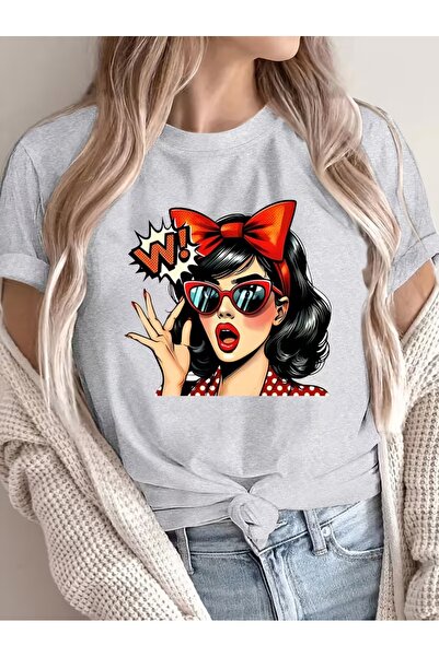 JENOLAN Women's Vintage Pop Art Printed Oversized T-Shirt Loose Fit