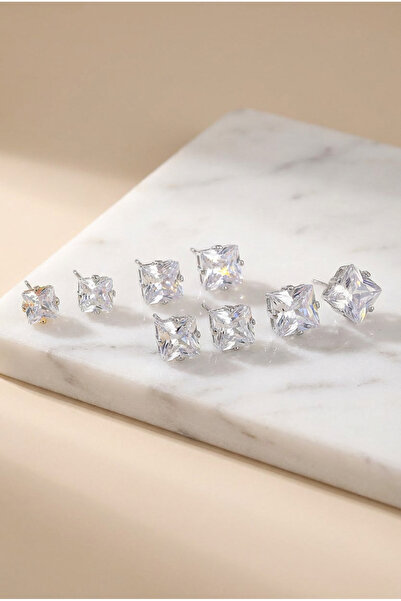 LYKOS Steel Silver Color Square Zircon Stone Women's Earring Set