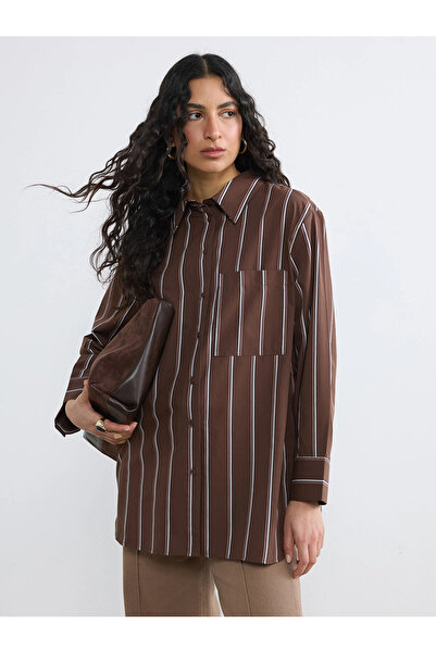 LC Waikiki Lcw modest brown striped poplin women's shirt tunic