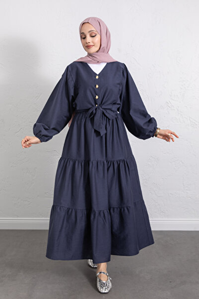 Salih Çelebi Tie-Detail Blouse Skirt Set Y0100 - Dark Blue