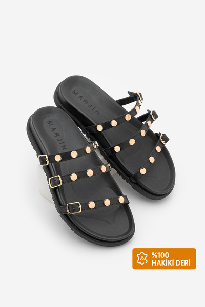 Marjin Kadın Hakiki Deri Üç Bantlı Zımbalı Günlük Terlik Zoven Siyah Altın